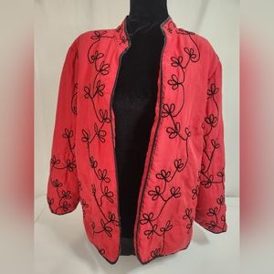 Chicos Silk Mandarin Collar Sweater Red with Black Jacket Size 2 US Large